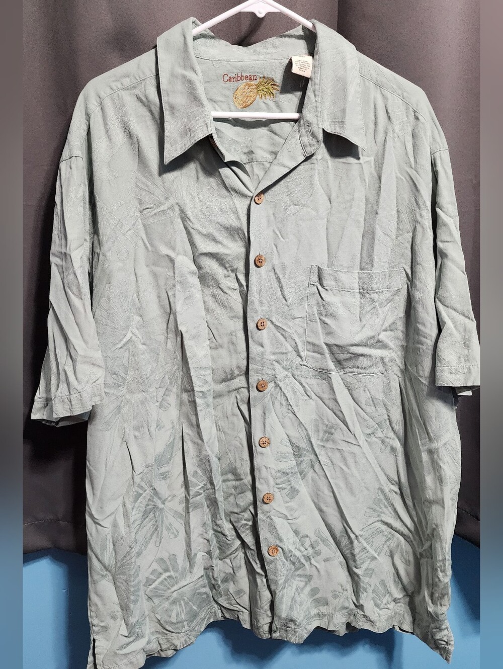 Caribbean Sage Green Silk Cotton Tropical Camp Shirt 2XLT